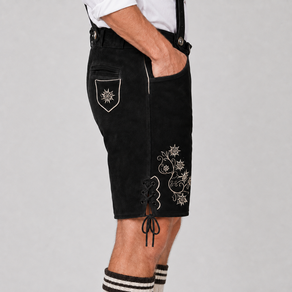 Edelweiss Embroidered Men's Bavarian Lederhosen - Black - Side Lacing - image 5