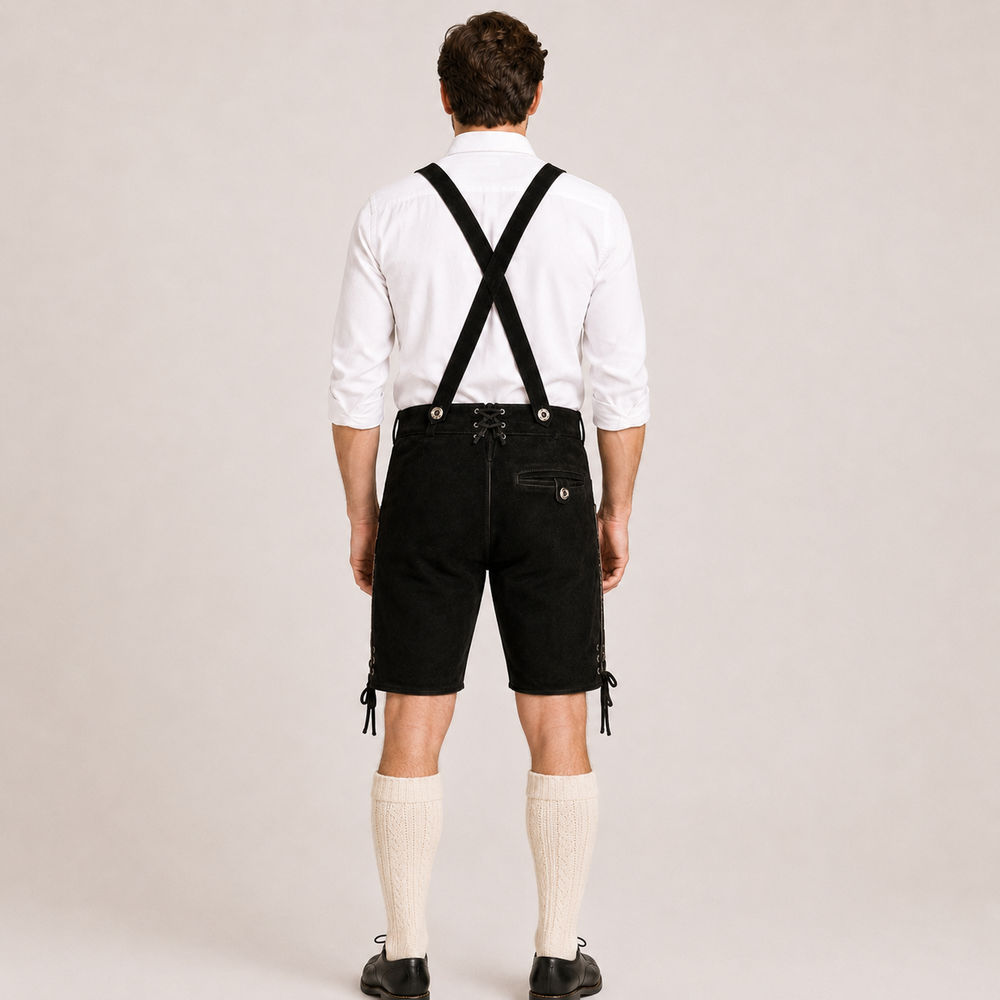 Stag Embroidered Men's Bavarian Lederhosen - Black - Side Lacing - product image 5