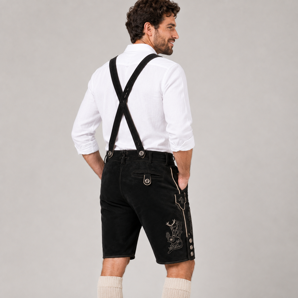 Edelweiss Embroidered Men's Bavarian Lederhosen - Black - Side Buttons - image 5