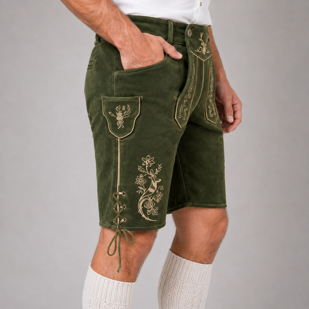Stag Embroidered Men's Bavarian Lederhosen - Green - Side Lacing - image 5