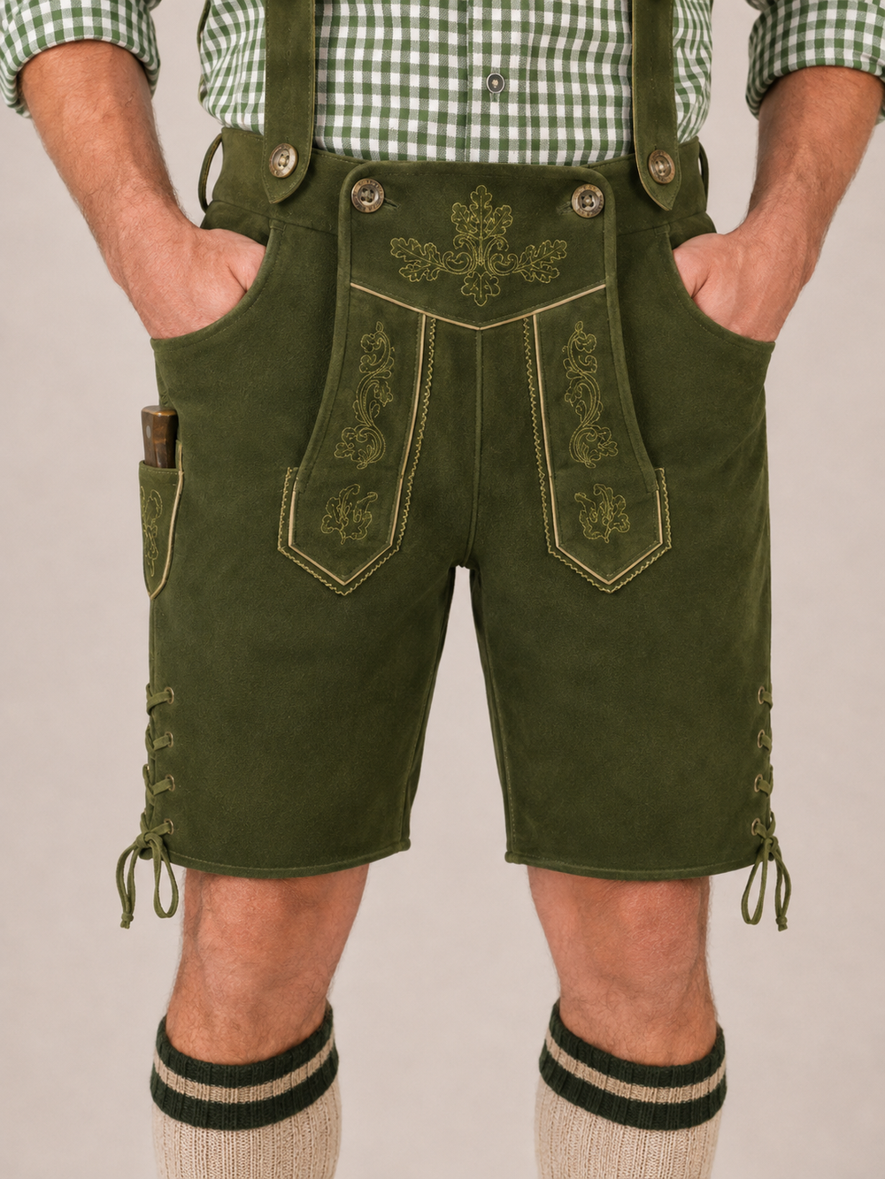 Oak Leaf Embroidered Men's Bavarian Lederhosen - Green - Side Lacing - product image 5