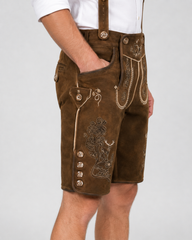 Oak Leaf Embroidered Men's Bavarian Lederhosen - Rustic Brown - Side Buttons - image 6