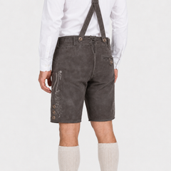 Stag Embroidered Men's Bavarian Lederhosen - Grey - Side Buttons - image 6