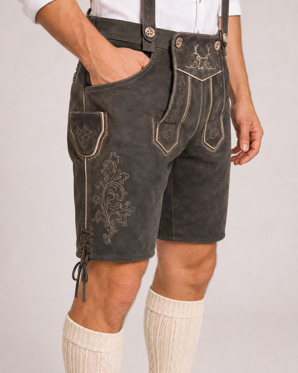Stag Embroidered Men's Bavarian Lederhosen - Grey - Side Lacing - image 6