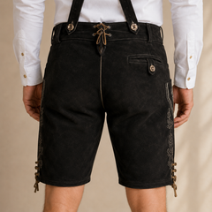 Stag Embroidered Men's Bavarian Lederhosen - Black - Side Buttons - image 6
