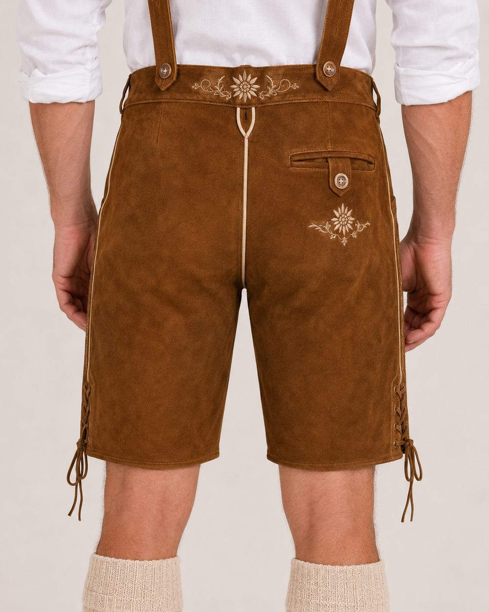 Edelweiss Embroidered Men's Bavarian Lederhosen - Rustic Brown - Side Lacing - image 7