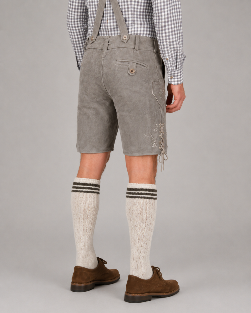 Edelweiss Embroidered Men's Bavarian Lederhosen - Grey - Side Lacing - image 7