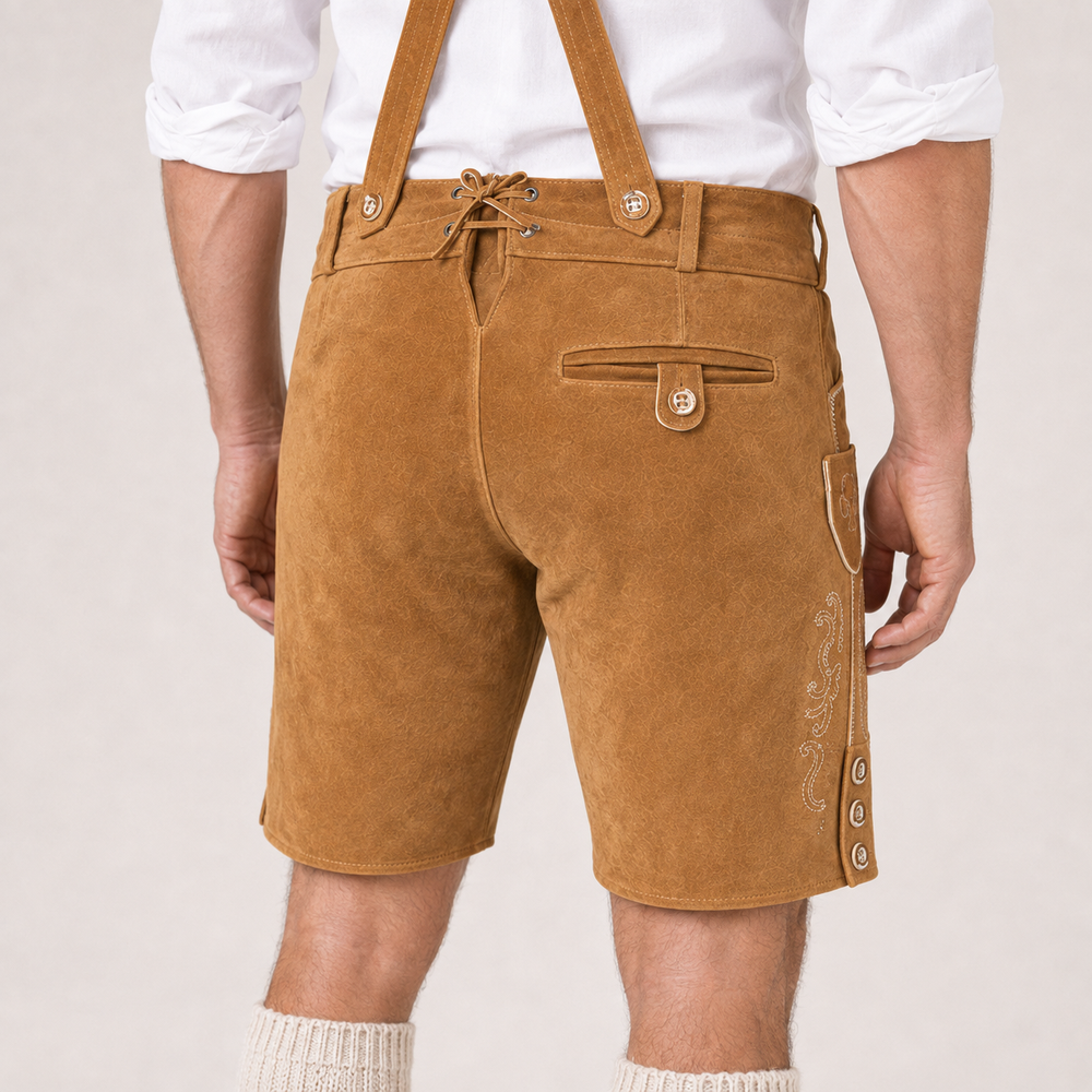 Stag Embroidered Men's Bavarian Lederhosen - Tan/Beige - Side Buttons - image 7