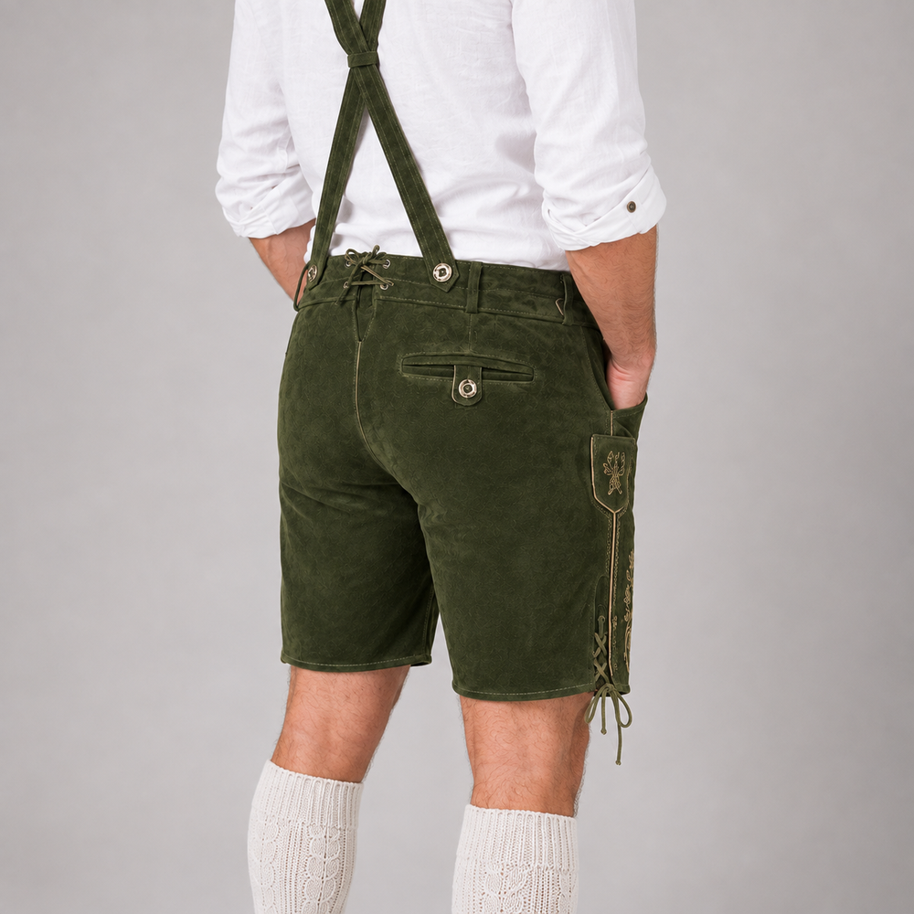 Stag Embroidered Men's Bavarian Lederhosen - Green - Side Lacing - image 8