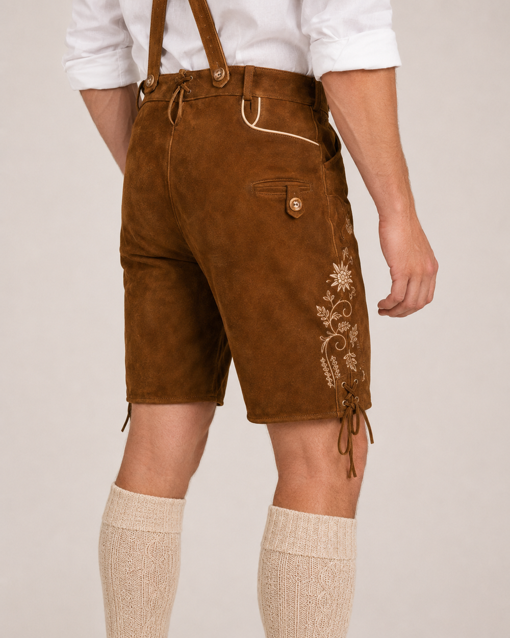 Edelweiss Embroidered Men's Bavarian Lederhosen - Rustic Brown - Side Lacing - image 8
