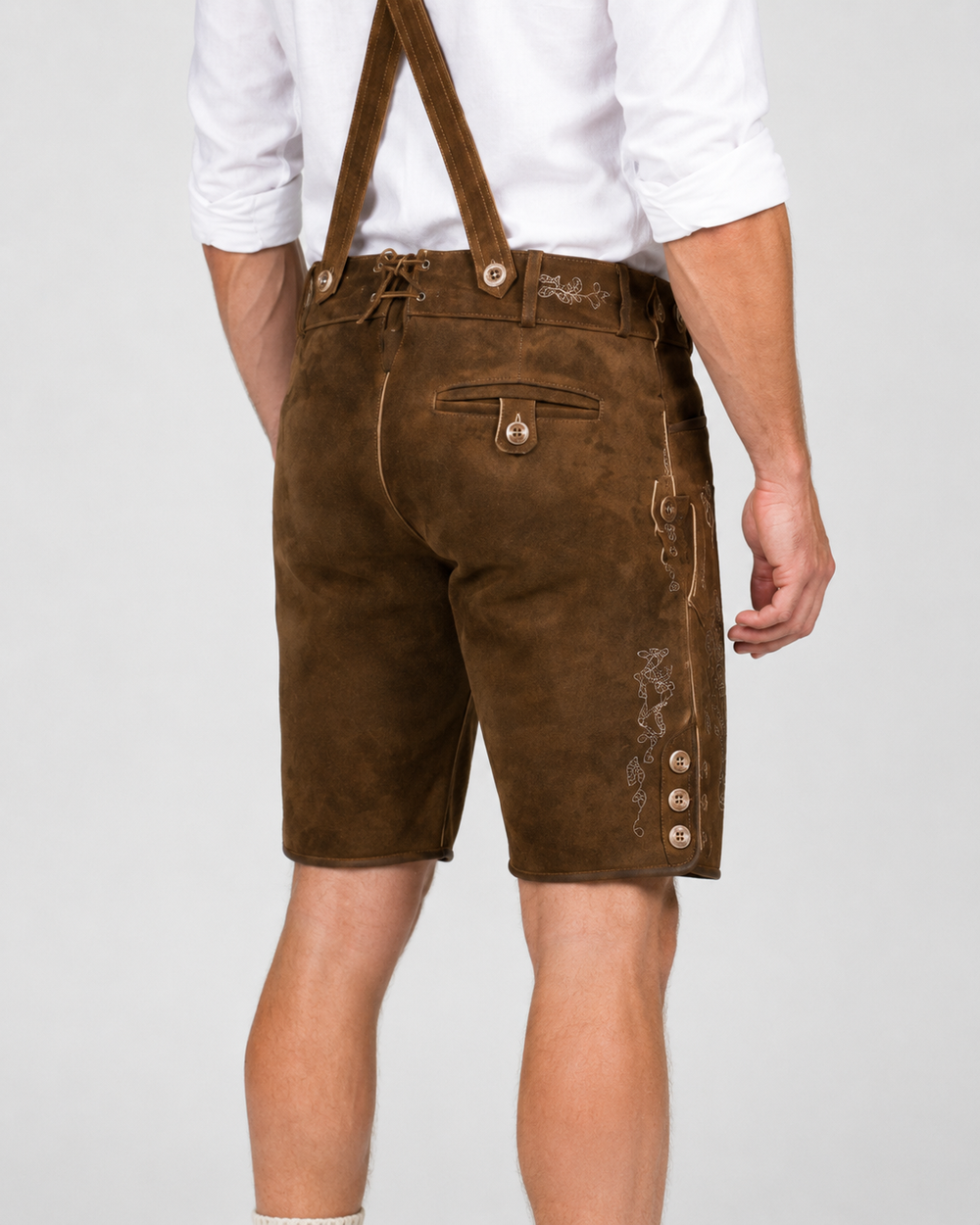 Oak Leaf Embroidered Men's Bavarian Lederhosen - Rustic Brown - Side Buttons - image 8