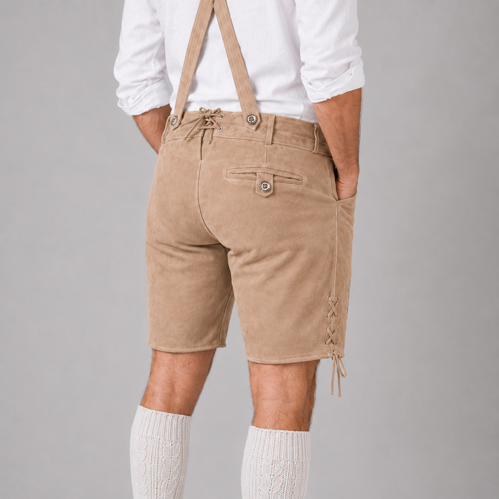 Stag Embroidered Men's Bavarian Lederhosen - Tan/Beige - Side Lacing - image 8