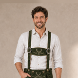 Men's Green Bavarian Lederhosen Suspenders – Stag Embroidered Trachten Braces