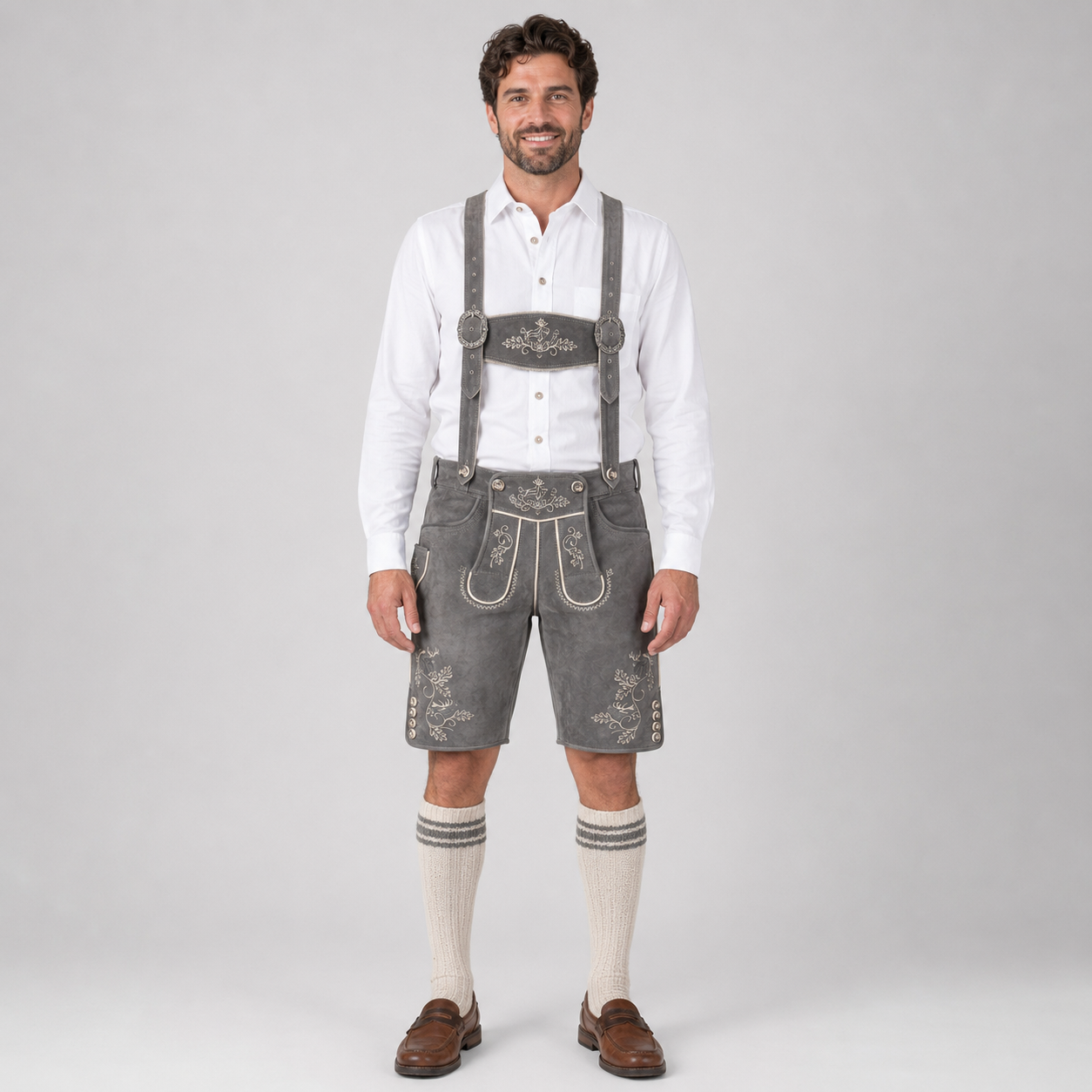 Edelweiss Embroidered Men's Bavarian Lederhosen - Grey - Side Buttons - image 1