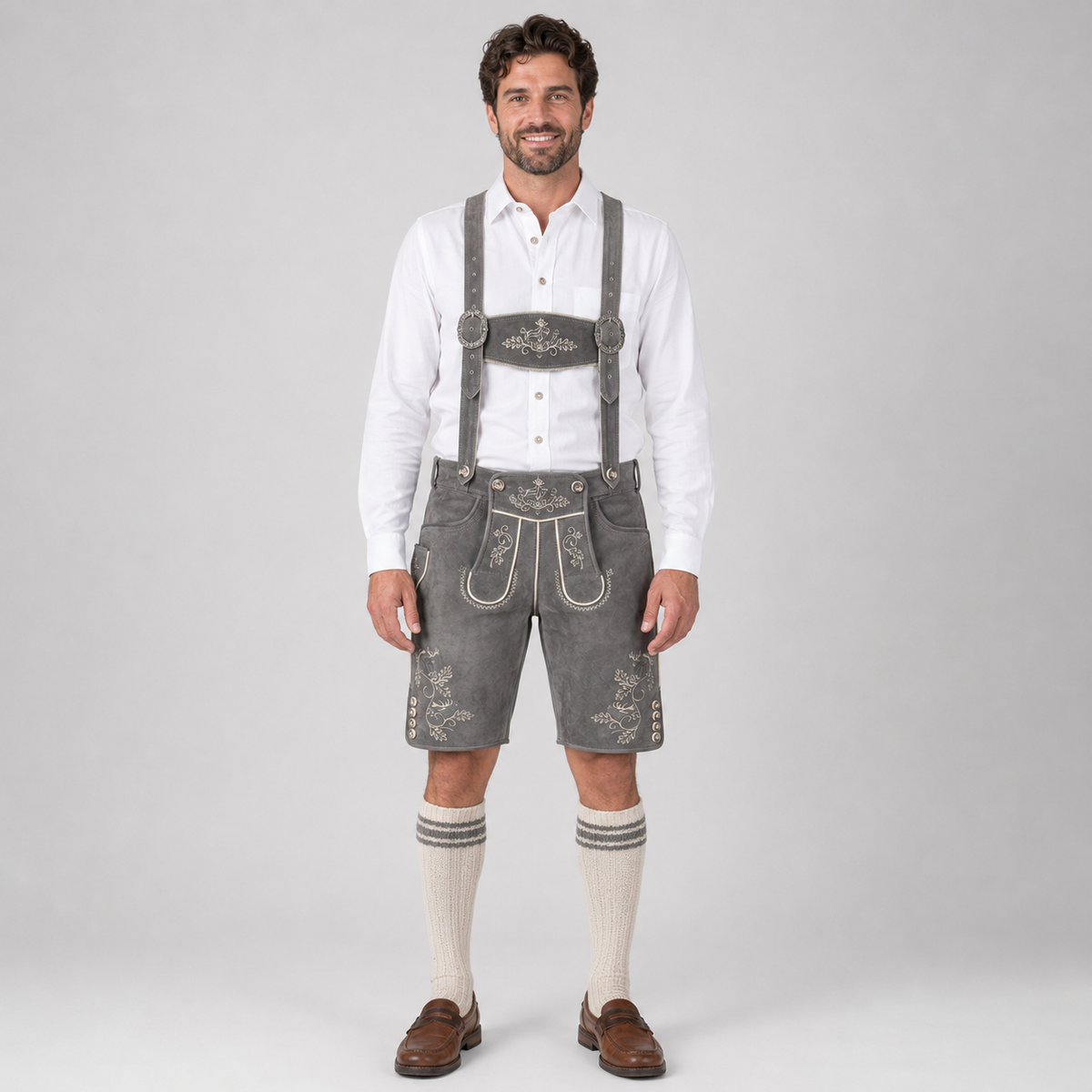 Edelweiss Embroidered Men's Bavarian Lederhosen - Grey - Side Buttons - image 1