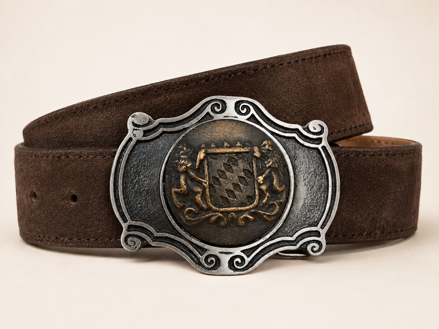 Men's Dark Brown Suede Bavarian Lederhosen Belt - Two-Tone Bavarian Lion Shield Buckle - product image 1