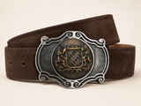 Men's Dark Brown Suede Bavarian Lederhosen Belt - Two-Tone Bavarian Lion Shield Buckle - product image 1