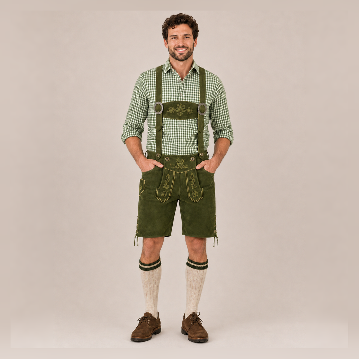 Oak Leaf Embroidered Men's Bavarian Lederhosen - Green - Side Lacing