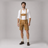 Oak Leaf Embroidered Men's Bavarian Lederhosen - Tan/Beige - Side Buttons