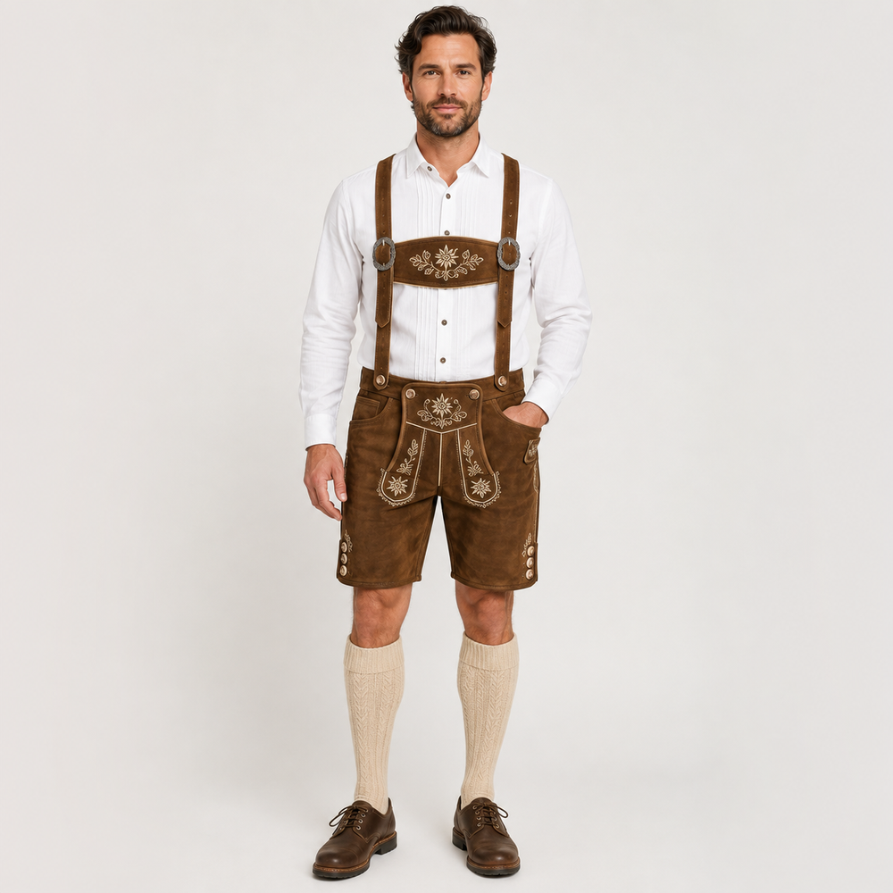 Edelweiss Embroidered Men's Bavarian Lederhosen - Rustic Brown - Side Buttons - image 1