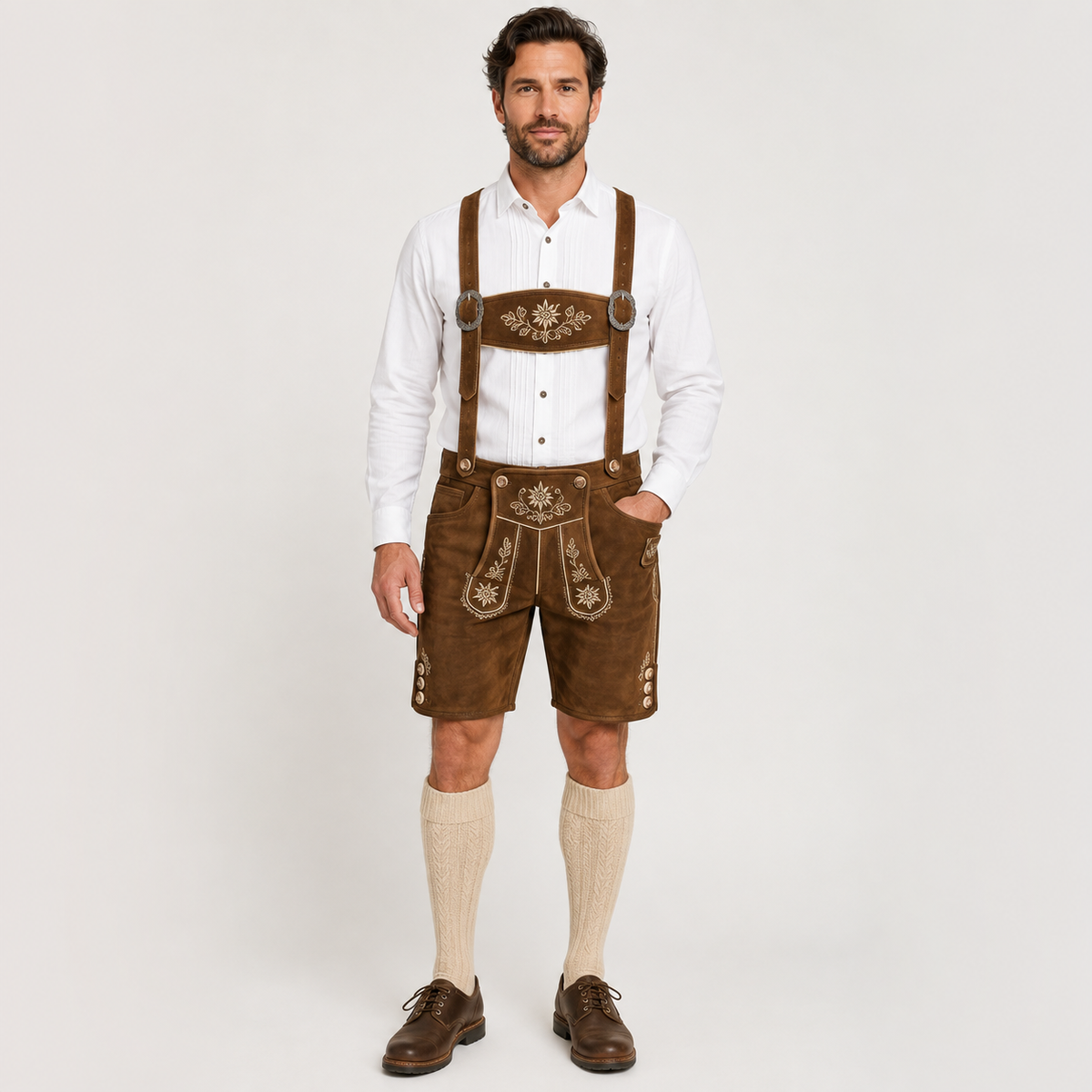 Edelweiss Embroidered Men's Bavarian Lederhosen - Rustic Brown - Side Buttons - image 1