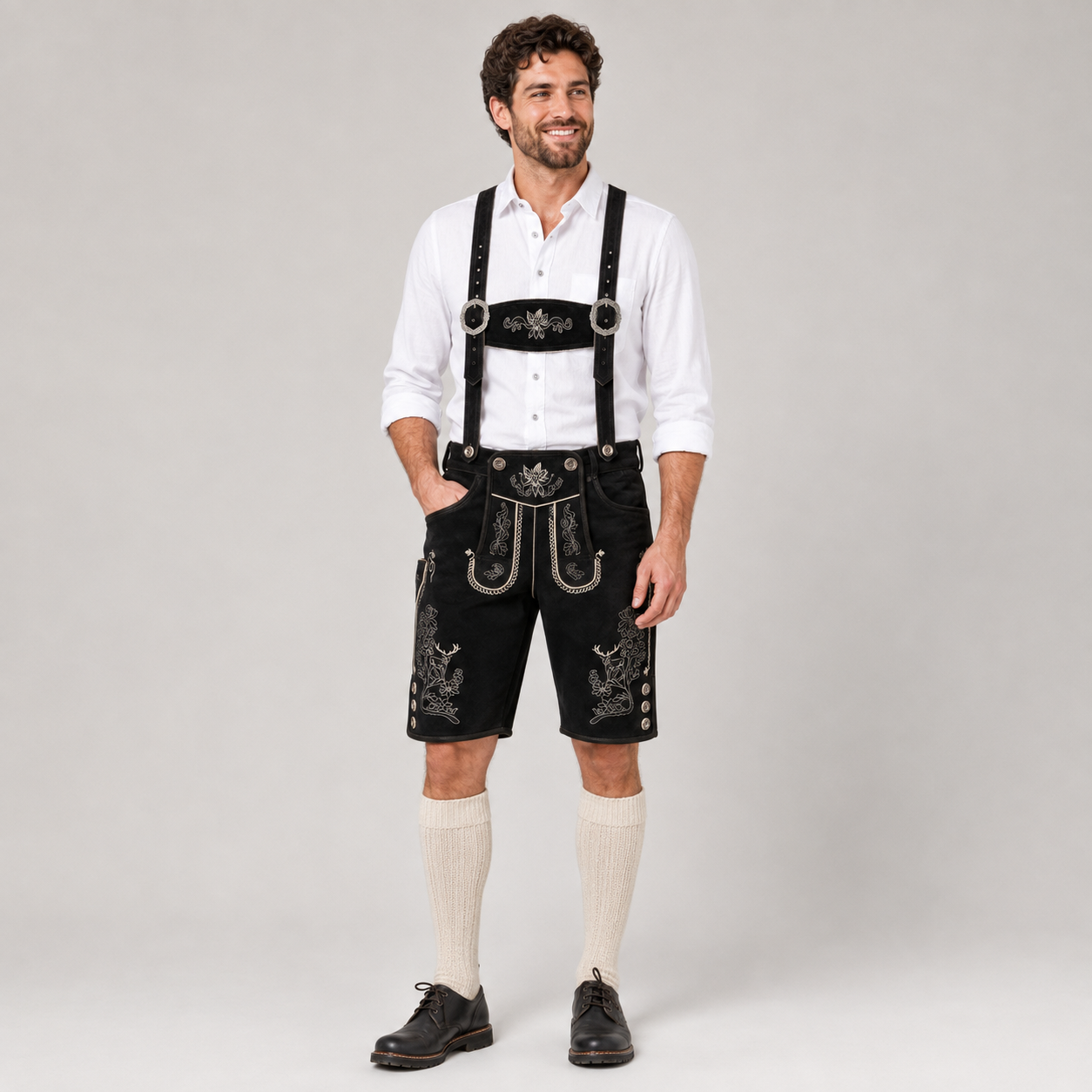 Edelweiss Embroidered Men's Bavarian Lederhosen - Black - Side Buttons - image 1