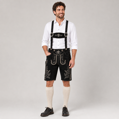 Edelweiss Embroidered Men's Bavarian Lederhosen - Black - Side Buttons - image 1