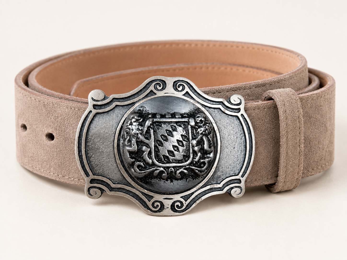 Men's Light Taupe Suede Bavarian Lederhosen Belt - Antique Silver Bavarian Lion Shield Buckle - product image 1