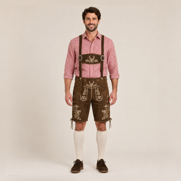 Stag Embroidered Men's Bavarian Lederhosen - Rustic Brown - Side Lacing
