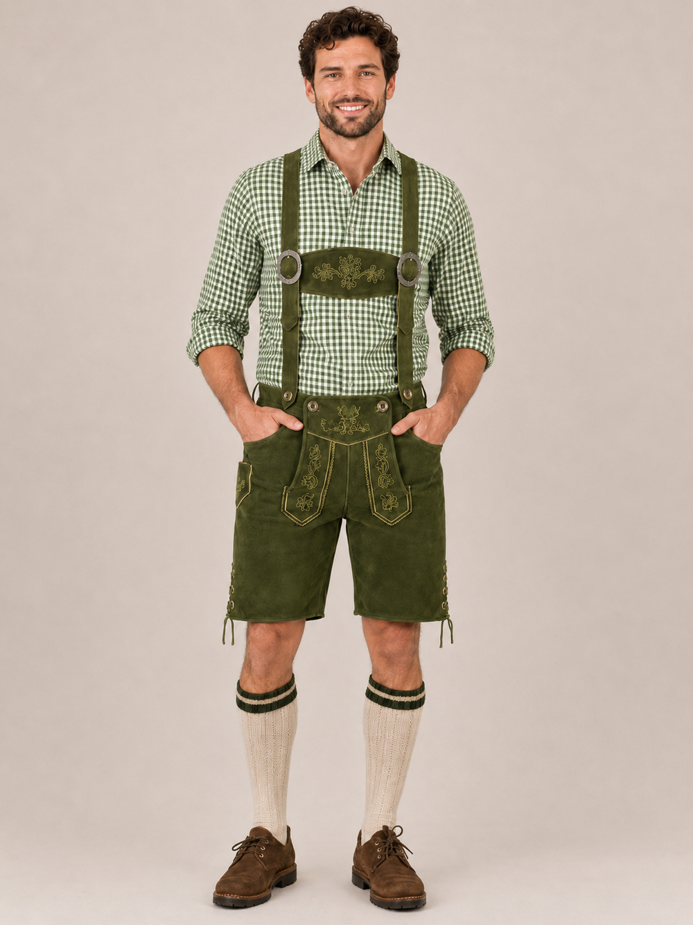 Oak Leaf Embroidered Men's Bavarian Lederhosen - Green - Side Lacing - image 1