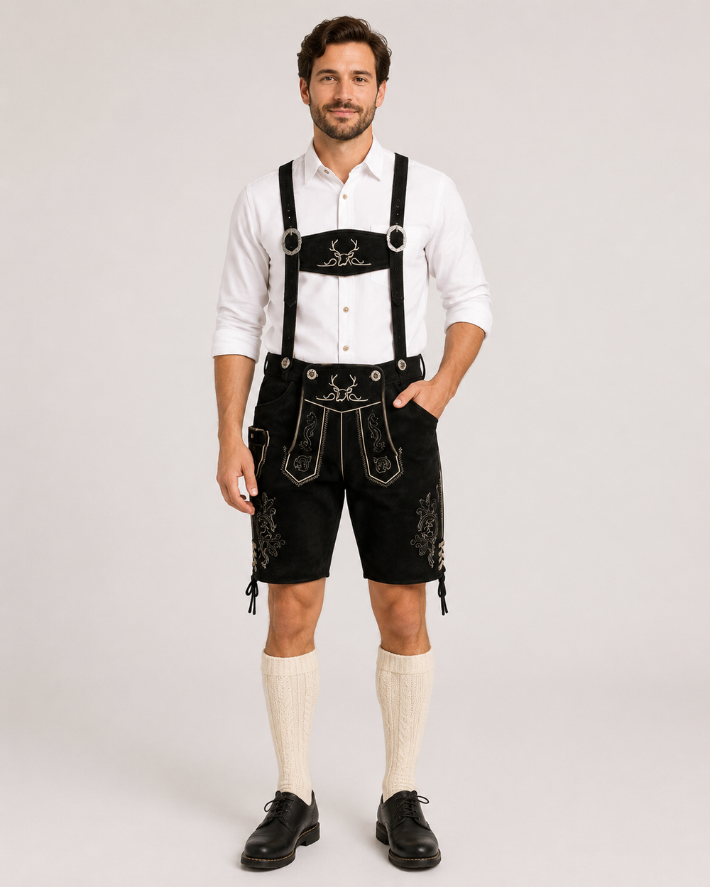 Stag Embroidered Men's Bavarian Lederhosen - Black - Side Lacing - image 1