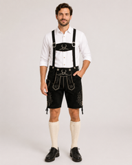 Stag Embroidered Men's Bavarian Lederhosen - Black - Side Lacing - image 1