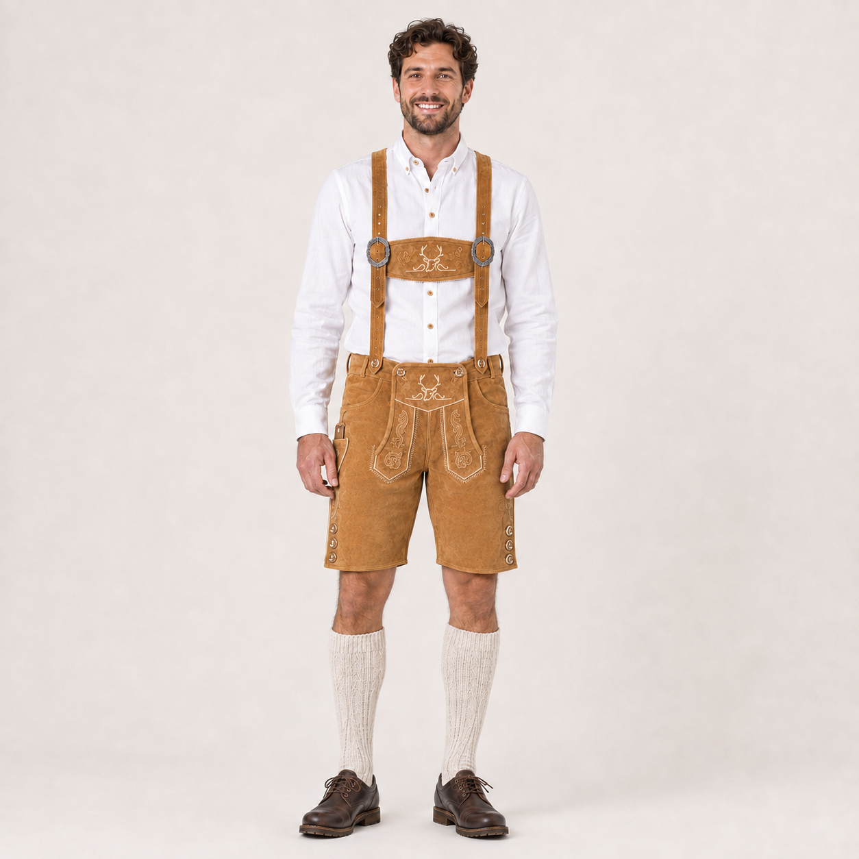 Stag Embroidered Men's Bavarian Lederhosen - Tan/Beige - Side Buttons - image 1