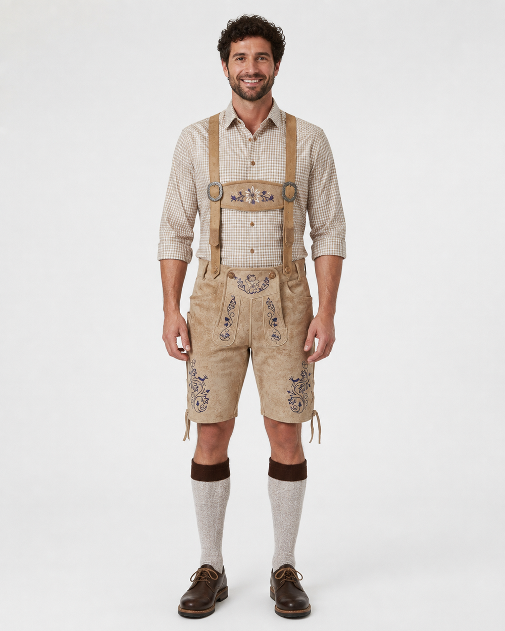 Edelweiss Embroidered Men's Bavarian Lederhosen - Tan/Beige - Side Lacing - image 1