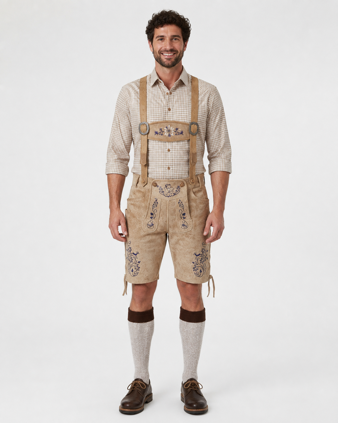 Edelweiss Embroidered Men's Bavarian Lederhosen - Tan/Beige - Side Lacing - image 1