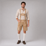 Stag Embroidered Men's Bavarian Lederhosen - Tan/Beige - Side Lacing