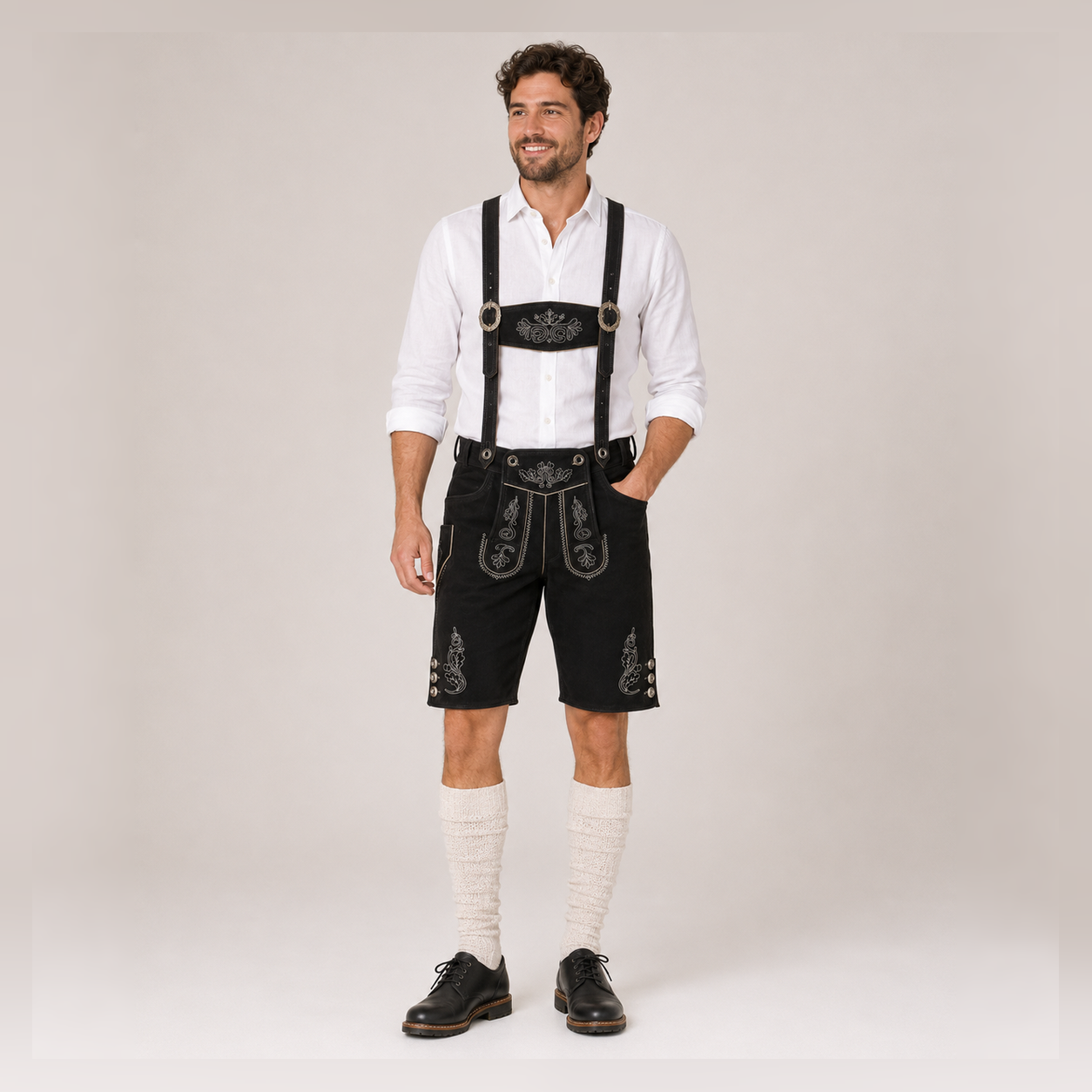 Oak Leaf Embroidered Men's Bavarian Lederhosen - Black - Side Buttons