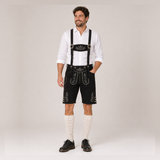 Oak Leaf Embroidered Men's Bavarian Lederhosen - Black - Side Buttons