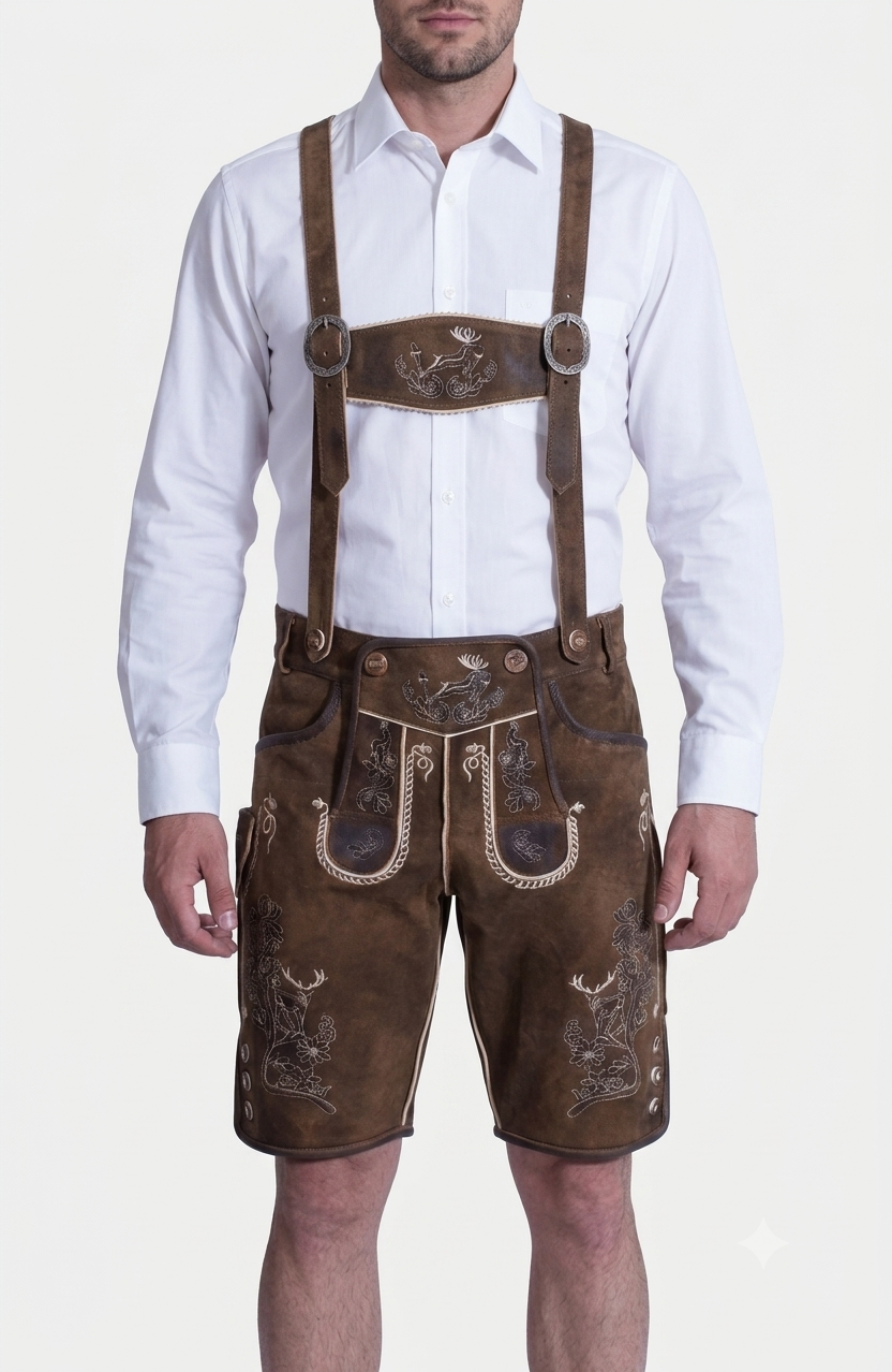 Stag Embroidered Men's Bavarian Lederhosen - Rustic Brown - Side Buttons - image 1