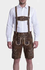 Stag Embroidered Men's Bavarian Lederhosen - Rustic Brown - Side Buttons - image 1