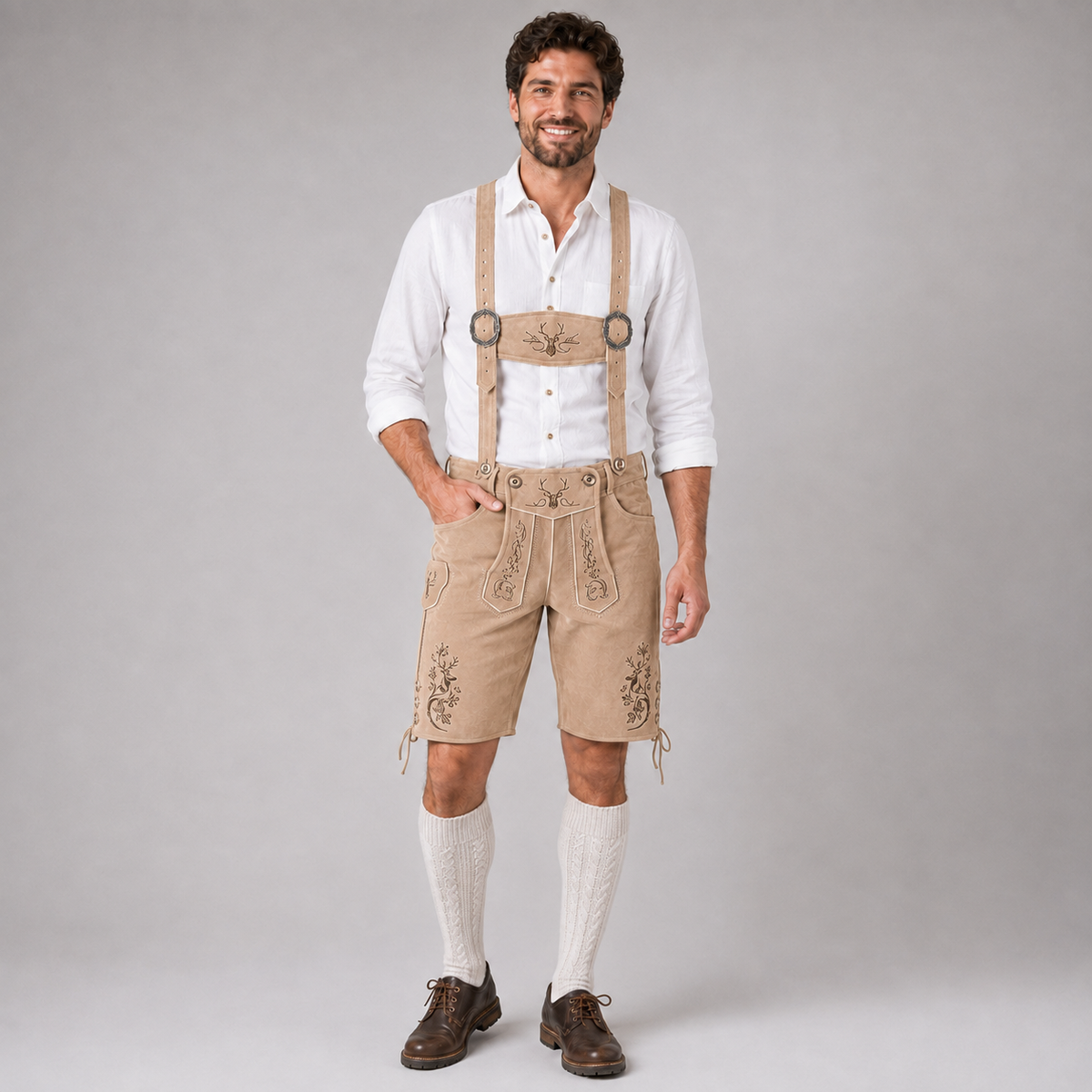 Stag Embroidered Men's Bavarian Lederhosen - Tan/Beige - Side Lacing - image 1