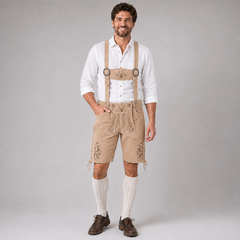 Stag Embroidered Men's Bavarian Lederhosen - Tan/Beige - Side Lacing - image 1
