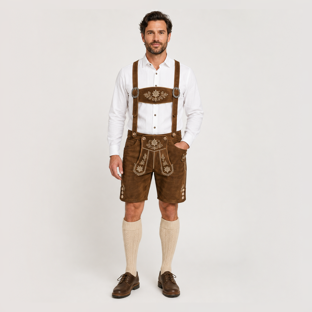 Edelweiss Embroidered Men's Bavarian Lederhosen - Rustic Brown - Side Buttons