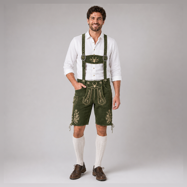 Stag Embroidered Men's Bavarian Lederhosen - Green - Side Lacing
