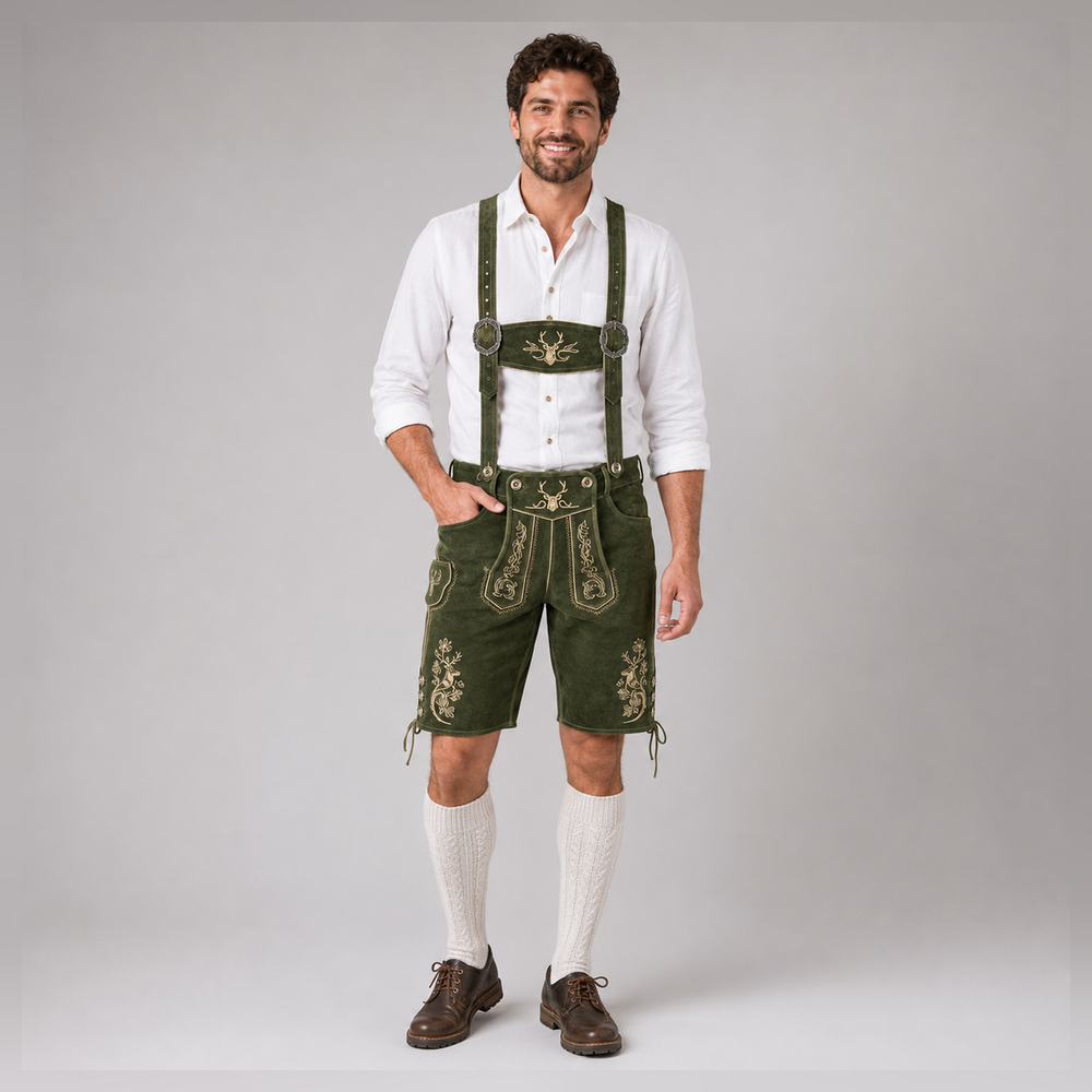 Stag Embroidered Men's Bavarian Lederhosen - Green - Side Lacing