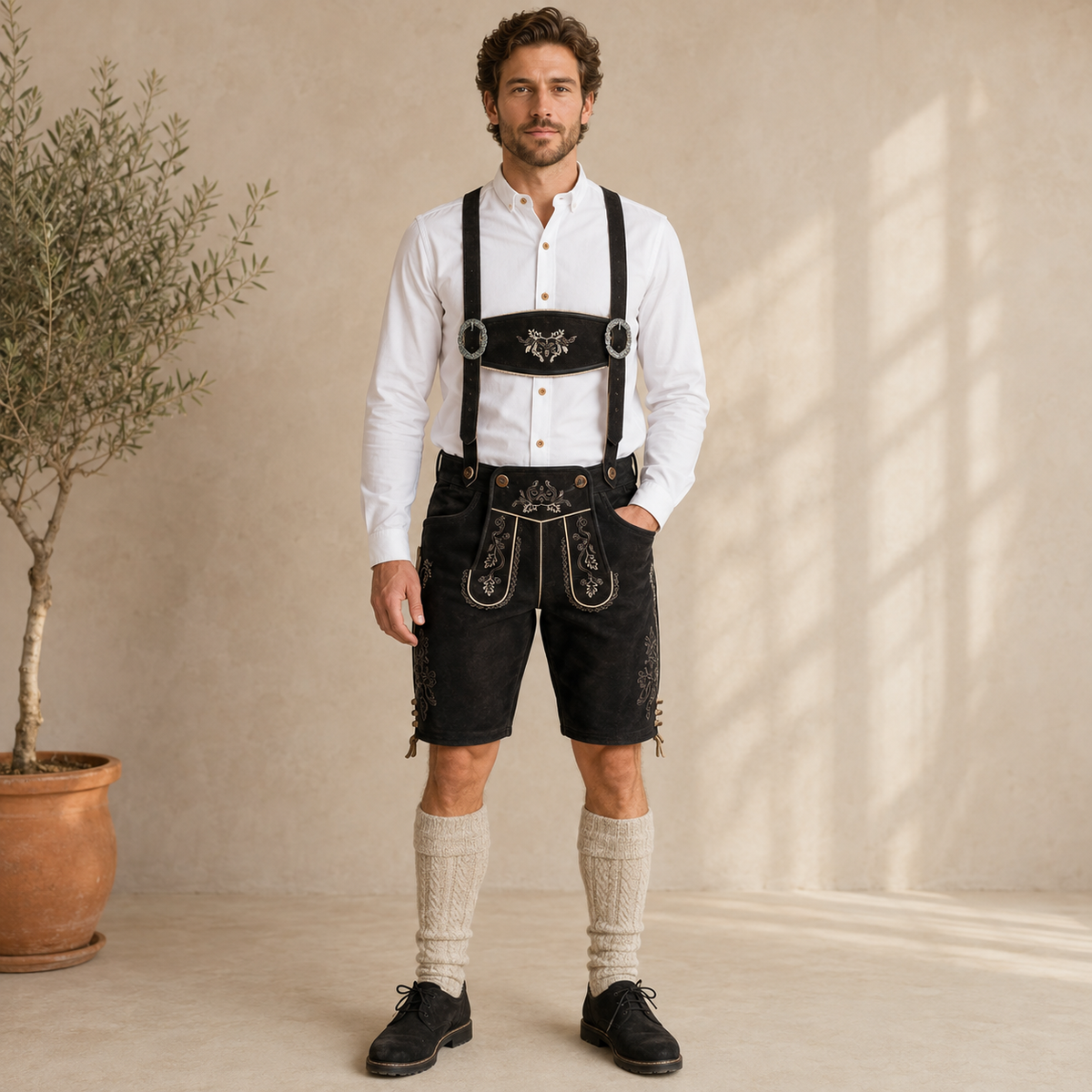 Stag Embroidered Men's Bavarian Lederhosen - Black - Side Buttons - image 1