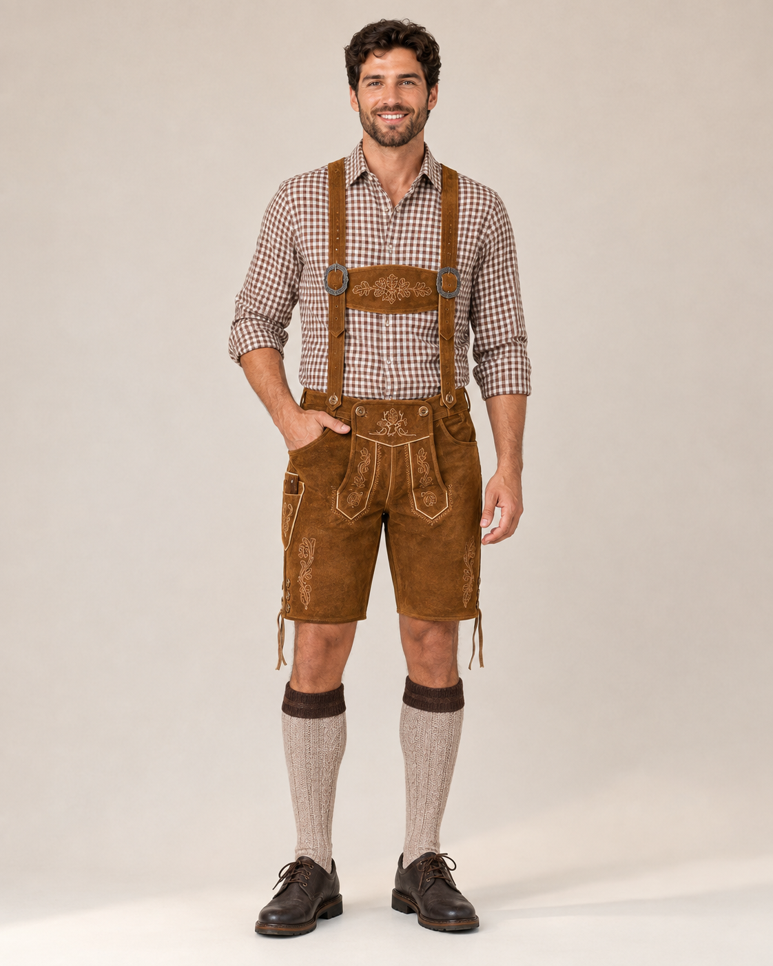Oak Leaf Embroidered Men's Bavarian Lederhosen - Rustic Brown - Side Lacing - image 1