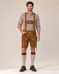 Oak Leaf Embroidered Men's Bavarian Lederhosen - Rustic Brown - Side Lacing - image 1