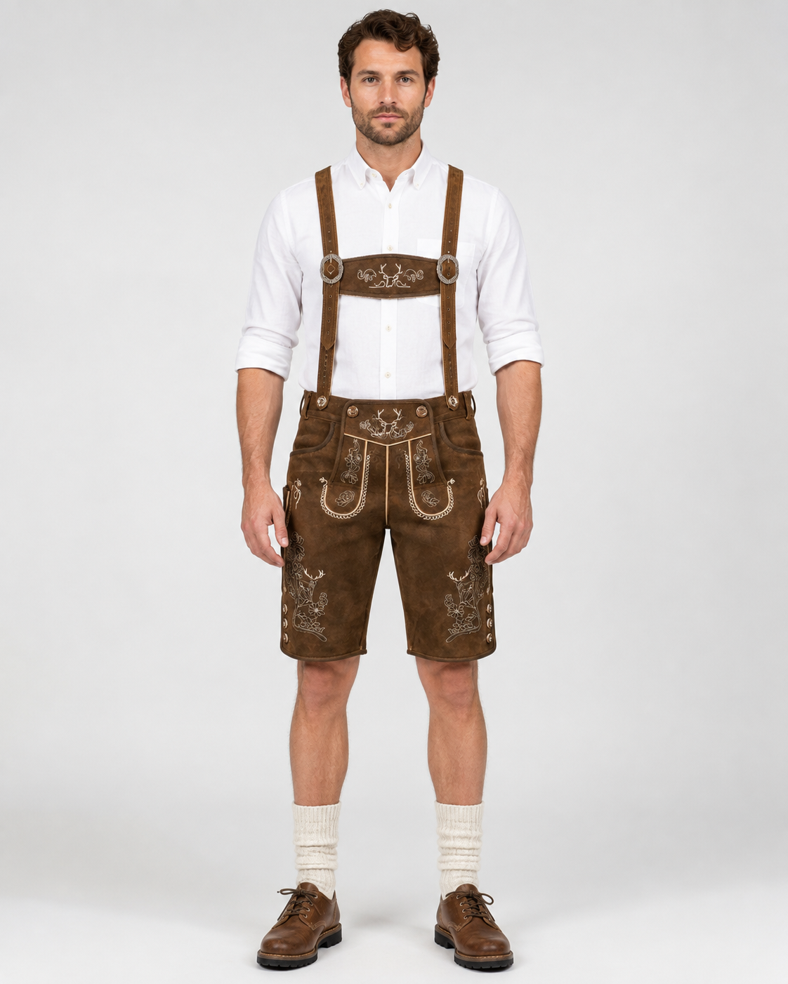 Oak Leaf Embroidered Men's Bavarian Lederhosen - Rustic Brown - Side Buttons - image 1