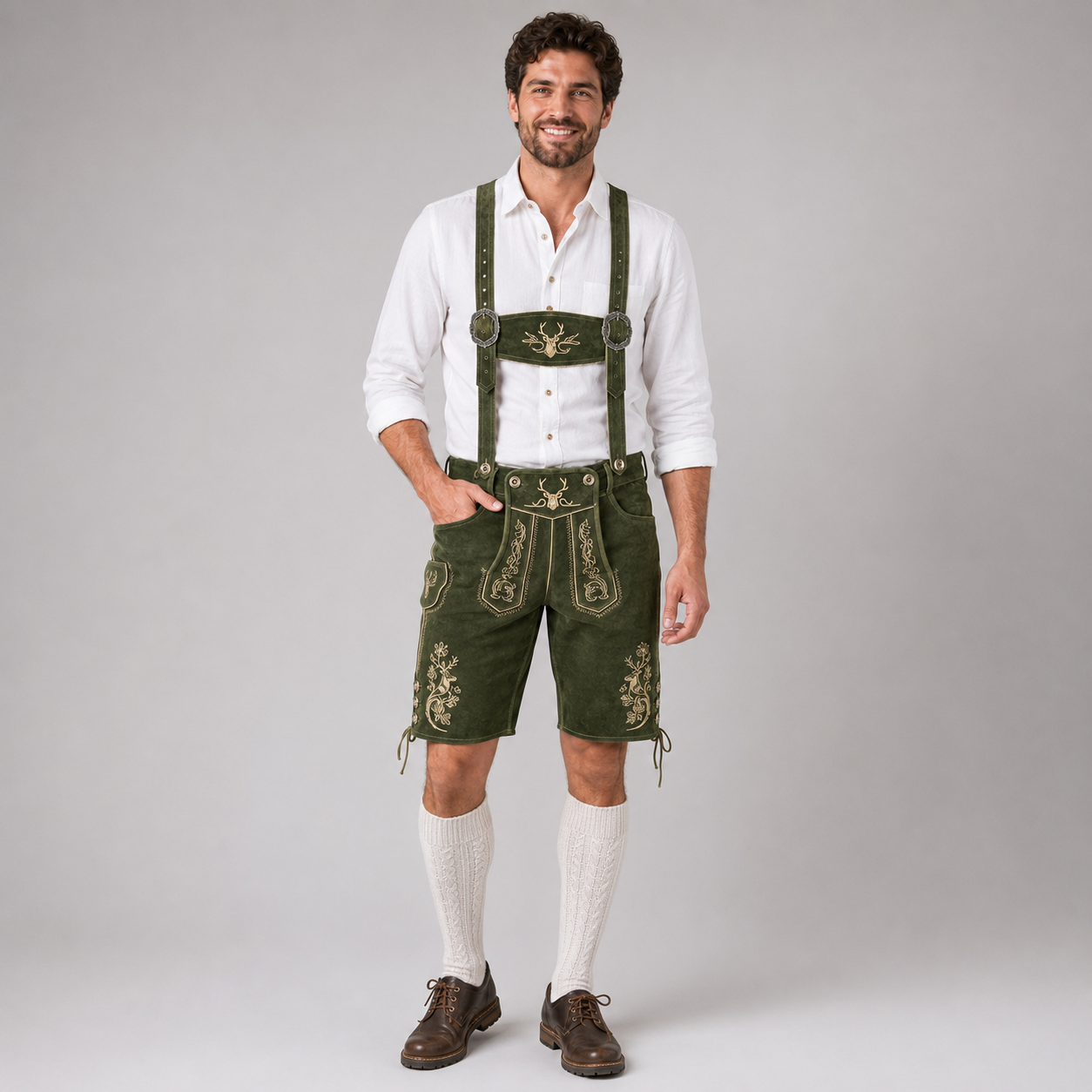 Stag Embroidered Men's Bavarian Lederhosen - Green - Side Lacing - image 1